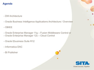 3
Agenda
- DW Architecture
- Oracle Business Intelligence Applications Architecture / Overview
- OBIEE
- Oracle Enterprise Manager 11g – Fusion Middleware Control or
- Oracle Enterprise Manager 12c – Cloud Control
- Oracle Ebusiness Suite R12
- Informatica DAC
- BI Publisher
 