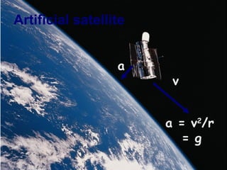 Artificial satellite
a
v
a = v2
/r
= g
 