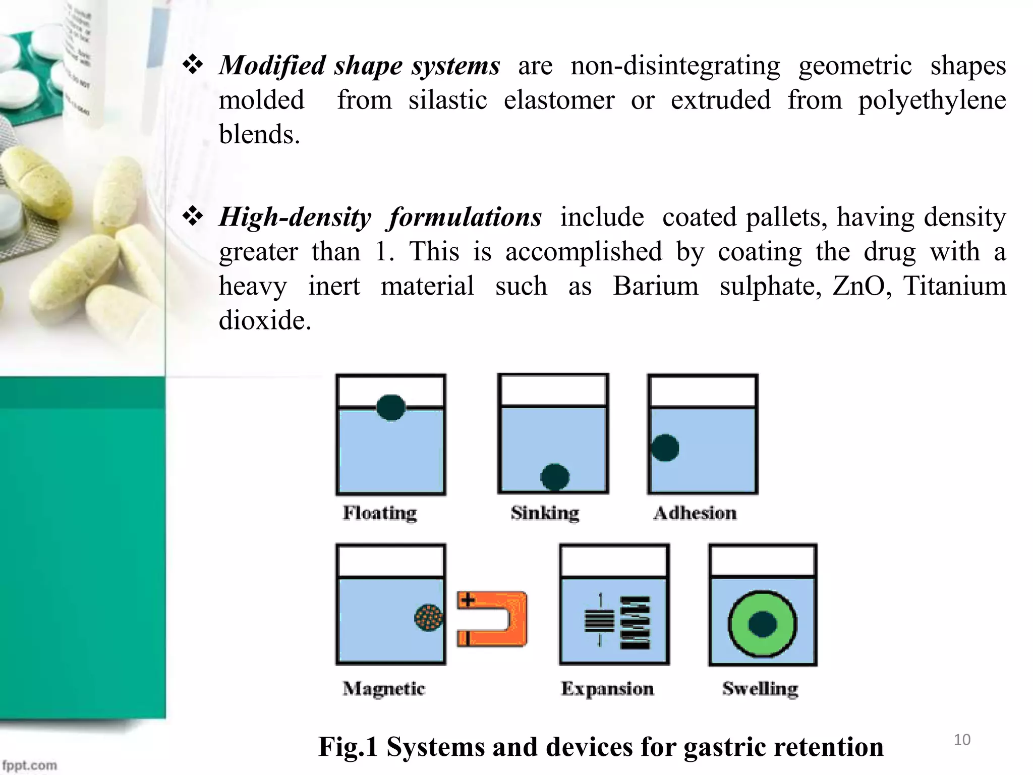  Modified shape systems are non-disintegrating geometric shapes
molded from silastic elastomer or extruded from polyethylene
blends.
 High-density formulations include coated pallets, having density
greater than 1. This is accomplished by coating the drug with a
heavy inert material such as Barium sulphate, ZnO, Titanium
dioxide.
Fig.1 Systems and devices for gastric retention 10
 