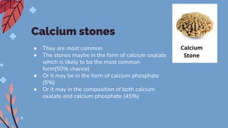 Calcium stones
● They are most common
● The stones maybe in the form of calcium oxalate
which is likely to be the most common
form(50% chance)
● Or it may be in the form of calcium phosphate
(5%)
● Or it may in the composition of both calcium
oxalate and calcium phosphate (45%)
 