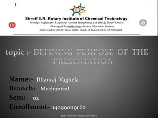 Name:- Dhanraj Vaghela
Branch:- Mechanical
Sem:- 02
Enrollment- 140990119060
From the desk of Dhanraj from SRICT
 