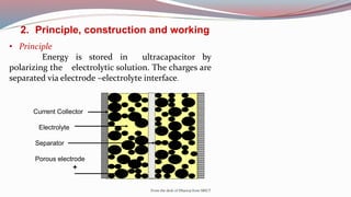 From the desk of Dhanraj from SRICT
2. Principle, construction and working
• Principle
Energy is stored in ultracapacitor by
polarizing the electrolytic solution. The charges are
separated via electrode –electrolyte interface.
Current Collector
Electrolyte
Separator
Porous electrode
+ _
 