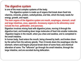 The digestive system
is one of the most complex systems of the body.
      The digestive system is made up of organs that break down food into
vitamins, minerals, protein, carbohydrates, and fats, which the body needs for
energy, growth, and repair.
The main organs of the digestive system are mouth, esophagus, stomach, small
and large intestines, anus, appendix. Accessory organs to the alimentary canal
include the liver, gallbladder, and pancreas.
Digestion involves mixing food with digestive juices, moving it through the
digestive tract, and breaking down large molecules of food into smaller molecules.
 Digestion begins in the mouth, when you chew and swallow, and is completed in
the small intestine.
In human body, food enters the mouth, being chewed by teeth, and broken down
by the saliva from the salivary glands. Then it travels down the esophagus into the
stomach, where acid begins physical break down of some food, and chemical
alteration of some. The "leftovers" go through the small intestine, through the
large intestine, and are excreted during defecation.
 