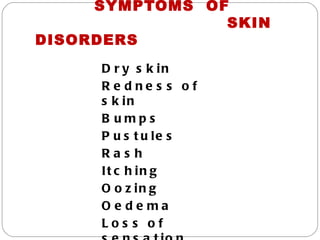 SYMPTOMS OF
                SKIN
DISORDERS
     D r y s k in
     R e dne s s of
     s k in
     B umps
     P u s t u le s
     Ras h
     It c h in g
     O o z in g
     Oe de ma
     Los s of
 