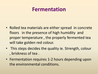 Fermentation
• Rolled tea materials are either spread in concrete
floors in the presence of high humidity and
proper temperature , the properly fermented tea
will take golden red colour.
• This steps decides the quality ie. Strength, colour
, briskness of tea .
• Fermentation requires 1-2 hours depending upon
the environmental conditions.
 