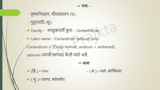  गण –
- तृष्णानिग्रहण, शीतप्रशमि (च.)
- गुड
ू च्यानि (सु.)
 Family - मण्ड
ू कपणी क
ु ल. - Umbelliferae
 Latin name - Coriandrum sativum Linn.
Coriandrum = (Corys helmet, andrum = anthered).
sativum-ज्याची लागवड क
े ली जाते असे.
 नाम
 (हि.) = धनिया - ( म.) = धने, कोथ िंब्या
 ( गु. )= धाणा, को मीर
 