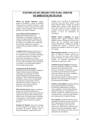 EXEMPLOS DE PROJECTOS PARA SERVIR
                OS DIREITOS HUMANOS

Divisas de direitos humanos: Alguns             estações que os membros da congregação
grupos de Escuteiros e Guias no Nordeste        visitavam, cada uma delas relativa a um
criaram divisas de direitos humanos e para      direito humano básico: doações de comida
as obterem os jovens escrevem cartas, criam     enlatada para o direito à vida, doações de
cartazes, vêem e discutem vídeos e estudam      livros para vítimas de cheias, doações de
problemas de direitos humanos.                  vestuário, escrita de cartas e assinatura de
                                                petições a favor de prisioneiros de
Uma colcha de direitos humanos: Na              consciência.
Pillsbury Elementary School, em
Minneapolis, os estudantes criaram uma          Petições contra a poluição: Um grupo
colcha com representações simbólicas dos        chamado Kids Against Pollution (KAP)
42 artigos da Convenção sobre os Direitos       (Miúdos Contra a Poluição) em Closer, New
da Criança e um catálogo com a explicação       Jersey, pôs em circulação uma petição
de cada artigo. Depois de concluída, a          nacional defendendo a adopção de emendas
colcha passou por edifícios públicos e outras   constitucionais estatais e nacionais que
escolas.                                        garantam aos cidadãos o direito ao ar, água e
                                                terra limpos.
A grande carta: Algumas escolas do 1.º e
2.º ciclos escrevem a GRANDE CARTA:             Representações teatrais: Uma turma do 2.º
Os estudantes fazem um grande estardalhaço      ciclo do Midwest (estados centrais dos
na escola escrevendo, em conjunto, uma          EUA) escreveu uma peça sobre direitos
carta sobre uma questão ou vítima de            humanos baseada no apelo de uma Acção
direitos humanos numa folha de papel pardo      Urgente da Amnistia Internacional e
de 1mx1,30m, recolhendo muitas assinaturas      representou-a para toda a escola.
e enviando-a a um representante público
num envelope muito grande.                      Gabinete de jovens oradores: Estudantes
                                                da escola secundária, membros da Amnistia
Lembranças do dia de finados:                   Internacional da península de São
Estudantes da Escola Secundária Vintage de      Francisco, formaram o seu próprio gabinete
Napa, Califórnia, fizeram lembranças            de oradores para dar palestras a turmas e
semelhantes às tradicionais do Dia de           actuar em reuniões em escolas secundárias e
Finados Hispânico para honrar amigos,           do 2.º ciclo na área. Estiveram
familiares e heróis individuais que tenham      especialmente ocupados no Dia dos Direitos
defendido a justiça social. As lembranças       Humanos, Dia Internacional da Criança e
são expostas na escola desde o Dia de           Dia Internacional da Mulher.
Finados (Dia de Todos os Santos), 1 de
Novembro, até ao Dia dos Direitos               Celebrar a diversidade: Estudantes Hmong
Humanos, 10 de Dezembro.                        de uma turma da Escola Comunitária
                                                Powderhorn de Minneapolis ensinaram
Muro da democracia: Alguns anos depois          outros estudantes a fazer bordado Hmong,
do massacre na Praça Tiananmen, em              chamado Pa’ndau ou “roupa de flores”. O
Pequim, estudantes de uma escola de Boston      Pa’ndau completo foi vendido numa feira de
ergueram um enorme Muro da Democracia           artesanato local e as receitas foram doadas a
dentro do bar. Os colegas foram convidados      uma organização de refugiados Hmong.
a colar poemas, textos, desenhos e colagens
celebrando o que a democracia significa         Uma “prisão”: Estudantes de uma escola
para eles.                                      secundária do Midwest (estados centrais dos
                                                EUA) organizaram um fim-de-semana
Estações de doações: Um jovem membro            “prisão”, um sábado à noite anual com
de uma sinagoga na Califórnia criou uma         imensa pizza, música pop e escrita de cartas.
actividade de direitos humanos para a           Aparecem centenas de estudantes, dando
Páscoa dos Hebreus, a qual incluía cinco        origem a vários milhares de cartas a favor de
                                                prisioneiros de consciência.



                                                                                         106
 