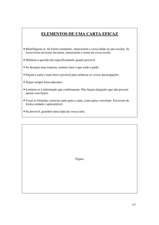 ELEMENTOS DE UMA CARTA EFICAZ


• Identifiquem-se. Se forem estudantes, mencionem a vossa idade ou ano escolar. Se
  escreverem em nome da turma, mencionem o nome da vossa escola.

• Definam a questão tão especificamente quanto possível.

• Se desejam uma resposta, tornem claro o que estão a pedir.

• Façam a carta o mais breve possível para enfatizar as vossas preocupações.

• Sejam sempre bem-educados.

• Limitem-se à informação que confirmaram. Não façam alegações que não possam
  apoiar com factos.

• Usem as fórmulas correctas tanto para a carta, como para o envelope. Escrevam de
  forma cuidada e apresentável.

• Se possível, guardem uma cópia da vossa carta.




                                         Figura




                                                                                     127
 