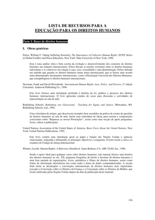LISTA DE RECURSOS PARA A
           EDUCAÇÃO PARA OS DIREITOS HUMANOS

Parte I: Bases de direitos humanos

I. Obras genéricas

Felice, William F. Taking Suffering Seriously: The Importance of Collective Human Rights, SUNY Series
in Global Conflict and Peace Education. New York: State University of New York, 1996.

      Esta é uma análise séria e bem escrita da evolução e desenvolvimento dos conceitos de direitos
      humanos nas relações internacionais. Felice discute as tensões existentes entre os direitos humanos
      individuais e os colectivos em relação à raça, sexo, sexualidade e auto-determinação. Felice defende
      um método que garanta os direitos humanos numa arena internacional, que se baseie num acordo
      entre determinados documentos internacionais, como a Declaração Universal dos Direitos Humanos,
      que exemplifiquem os direitos humanos internacionais.

Newman, Frank and David Weissbrodt, International Human Rights: Law, Policy and Process, 2.ª edição
Cincinnati: Anderson Publishing Co., 1996.

      Este livro fornece uma introdução profunda à história da lei, política e processo dos direitos
      humanos internacionais. O livro apresenta estudos de casos para discussão e actividades de
      representação na sala de aula.

Rethinking Schools, Rethinking our Classrooms:        Teaching for Equity and Justice, Milwaukee, WI:
Rethinking Schools, Ltd., 1994.

      Uma colectânea de artigos, que descrevem exemplos bem sucedidos da prática de ensino de questões
      de direitos humanos na sala de aula. Inclui uma colectânea de ideias para ensinar e composições
      conscientes sobre “Repensar as nossas Presunções”, assim como uma secção de apoio programas,
      livros, vídeos e publicações.

United Nations Association of the United States of America. Basic Facts About the United Nations. New
York: United Nations Publications, 1992.

      Este livro contém uma introdução geral ao papel e função das Nações Unidas e agências
      relacionadas, realçando e delineando os principais objectivos e conquistas. O texto inclui a carta e os
      estatutos do Código de Justiça Internacional.

Whalen, Lucille. Human Rights: A Reference Handbook. Santa Barbara, CA: ABC-CLIO, Inc., 1990.

      Sendo o apoio ideal para qualquer curso sobre direitos humanos, este manual oferece uma história
      dos direitos humanos no séc. XX, pequenas biografias de heróis e heroínas de direitos humanos e
      uma lista anotada de organizações, livros, periódicos e filmes de direitos humanos, assim como
      fontes de informação electrónicas tais como redes e bases de dados computadorizadas. A secção
      final inclui as declarações e convenções internacionais de direitos humanos mais importantes
      (excepto a Convenção sobre os Direitos da Criança e a Convenção sobre os Direitos da Mulher, que
      foram ratificadas pelas Nações Unidas depois da data da publicação deste manual).




                                                                                                         136
 