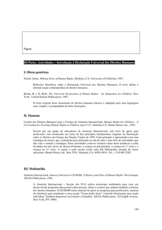 Figura




III Parte: Actividades – Introdução à Declaração Universal dos Direitos Humanos


I. Obras genéricas
Nickel, James. Making Sense of Human Rights. Berkeley, CA: University of California, 1987.

         Reflexões filosóficas sobre a Declaração Universal dos Direitos Humanos. O texto define e
         defende noção contemporânea de direitos humanos.

Rocha, R. e O. Roth. The Universal Declaration of Human Rights: An Adaptation for Children. New
York: United Nations Publications, 1987.

         O texto original deste documento de direitos humanos básicos é adaptado para uma linguagem
         mais simples e acompanhado de belas ilustrações.


II. Manuais
Comité dos Direitos Humanos para a Criança da Amnistia Internacional. Human Rights for Children: A
Curriculum for Teaching Human Rights to Children Aged 3-12. Alameda, CA: Hunter House, Inc., 1992.

         Escrito por um grupo de educadores da Amnistia Internacional, este livro de apoio para
         professores está estruturado em torno de dez princípios fundamentais originais da Declaração
         sobre os Direitos da Criança das Nações Unidas de 1959. Cada princípio é apresentado com uma
         estratégia de ensino, que a interpreta para utilização na sala de aula e uma série de actividades que
         dão vida e sentido à estratégia. Estas actividades criativas incluem várias áreas temáticas e estão
         divididas em três níveis de desenvolvimento: a criança na pré-primária, a criança no 1.º ciclo e a
         criança no 2.º ciclo. A seguir a cada secção existe uma útil bibliografia anotada de meios
         adicionais. Hunter House, Inc., Box 2914, Alameda. CA, 94501-0914. Tel.: 1 510 865 5282.




III. Multimédia
Amnistia Internacional, Amnesty Interactive CD-ROM: A History and Atlas of Human Rights. Nova Iorque:
AIUSA Publications, 1994.

         A Amnistia Internacional – Secção dos EUA utiliza tecnologia multimedia para criar um
         desenvolvido programa educacional sobre pessoas, ideias e eventos que tenham moldado a história
         dos direitos humanos. O CD-ROM inclui material de apoio ao programa para professores, material
         de referência para estudantes e uma secção “O que podes fazer” contendo ferramentas para acção
         individual. Também disponível em Francês e Espanhol. AIUSA Publications, 322 Eighth Avenue,
         New York, NY 10001.


                                                                                                          140
 