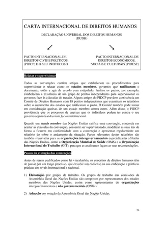 CARTA INTERNACIONAL DE DIREITOS HUMANOS
             DECLARAÇÃO UNIVERSAL DOS DIREITOS HUMANOS
                              (DUDH)




PACTO INTERNACIONAL DE                                PACTO INTERNACIONAL DE
DIREITOS CIVIS E POLÍTICOS                              DIREITOS ECONÓMICOS,
(PIDCP) E O SEU PROTOCOLO                           SOCIAIS E CULTURAIS (PIDESC)


Relatar e supervisionar

Todas as convenções contêm artigos que estabelecem os procedimentos para
supervisionar e relatar como os estados membros, governos que ratificaram o
documento, estão a agir de acordo com estipulado. Ambos os pactos, por exemplo,
estabelecem a existência de um grupo de peritos independentes para supervisionar os
governos face às cláusulas do tratado. Alguns artigos do PIDCP prevêem a existência um
Comité de Direitos Humanos com 18 peritos independentes que examinam os relatórios
sobre o andamento dos estados que ratificaram o pacto. O Comité também pode tomar
em consideração queixas de um estado membro contra outro. Além disso, o PIDCP
providencia que os processos de queixas que os indivíduos podem ter contra o seu
governo sejam ouvidos num forum internacional.

Quando um estado membro das Nações Unidas ratifica uma convenção, concorda em
aceitar as cláusulas da convenção, consentir ser supervisionado, modificar as suas leis de
forma a ficarem em conformidade com a convenção e apresentar regularmente um
relatório do sobre o andamento da situação. Partes relevantes destes relatórios são
também reenviadas para as organizações intergovernamentais especializadas afiliadas
das Nações Unidas, como a Organização Mundial de Saúde (OMS) e a Organização
Internacional do Trabalho (OIT), para que as analisem e façam as suas recomendações.

Passos da evolução das convenções

Antes de serem codificados como lei vinculatória, os conceitos de direitos humanos têm
de passar por um longo processo, que envolve um consenso na sua elaboração e políticas
práticas aos níveis internacional e nacional.

1) Elaboração por grupos de trabalho. Os grupos de trabalho das comissões da
   Assembleia Geral das Nações Unidas são compostos por representantes dos estados
   membros das Nações Unidas, assim como representantes de organizações
   intergovernamentais e não governamentais (ONGs).

2) Adopção por votação da Assembleia Geral das Nações Unidas.




                                                                                       26
 