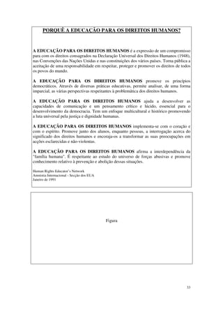 PORQUÊ A EDUCAÇÃO PARA OS DIREITOS HUMANOS?


A EDUCAÇÃO PARA OS DIREITOS HUMANOS é a expressão de um compromisso
para com os direitos consagrados na Declaração Universal dos Direitos Humanos (1948),
nas Convenções das Nações Unidas e nas constituições dos vários países. Torna pública a
aceitação de uma responsabilidade em respeitar, proteger e promover os direitos de todos
os povos do mundo.

A EDUCAÇÃO PARA OS DIREITOS HUMANOS promove os princípios
democráticos. Através de diversas práticas educativas, permite analisar, de uma forma
imparcial, as várias perspectivas respeitantes à problemática dos direitos humanos.

A EDUCAÇÃO PARA OS DIREITOS HUMANOS ajuda a desenvolver as
capacidades de comunicação e um pensamento crítico e lúcido, essencial para o
desenvolvimento da democracia. Tem um enfoque multicultural e histórico promovendo
a luta universal pela justiça e dignidade humanas.

A EDUCAÇÃO PARA OS DIREITOS HUMANOS implementa-se com o coração e
com o espírito. Promove junto dos alunos, enquanto pessoas, a interrogação acerca do
significado dos direitos humanos e encoraja-os a transformar as suas preocupações em
acções esclarecidas e não-violentas.

A EDUCAÇÃO PARA OS DIREITOS HUMANOS afirma a interdependência da
"família humana". É respeitante ao estudo do universo de forças abusivas e promove
conhecimento relativo à prevenção e abolição dessas situações.

Human Rights Educator’s Network
Amnistia Internacional - Secção dos EUA
Janeiro de 1991




                                          Figura




                                                                                     33
 