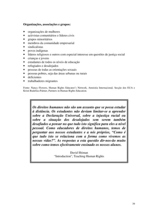 Organizações, associações e grupos:

•   organizações de mulheres
•   activistas comunitários e líderes civis
•   grupos minoritários
•   membros da comunidade empresarial
•   sindicalistas
•   povos indígenas
•   líderes religiosos e outros com especial interesse em questões de justiça social
•   crianças e jovens
•   estudantes de todos os níveis de educação
•   refugiados e desalojados
•   pessoas de todas as orientações sexuais
•   pessoas pobres, seja das áreas urbanas ou rurais
•   deficientes
•   trabalhadores migrantes

Fonte: Nancy Flowers, Human Rights Educator’s Network, Amnistia Internacional, Secção dos EUA e
Kristi Rudelius-Palmer, Partners in Human Rights Education.




       Os direitos humanos não são um assunto que se possa estudar
       à distância. Os estudantes não deviam limitar-se a aprender
       sobre a Declaração Universal, sobre a injustiça racial ou
       sobre a situação dos desalojados sem serem também
       desafiados a pensar no que tudo isto significa para eles a nível
       pessoal. Como educadores de direitos humanos, temos de
       perguntar aos nossos estudantes e a nós próprios, “Como é
       que tudo isto se relaciona com a forma como vivemos as
       nossas vidas?”. As respostas a esta questão dir-nos-ão muito
       sobre como temos efectivamente ensinado os nossos alunos.

                                       David Shiman
                          “Introduction”, Teaching Human Rights




                                                                                            39
 