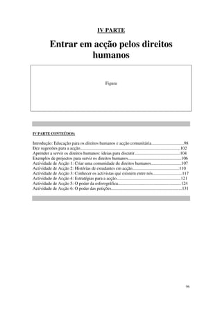IV PARTE

             Entrar em acção pelos direitos
                      humanos

                                                        Figura




IV PARTE CONTEÚDOS:

Introdução: Educação para os direitos humanos e acção comunitária..............................98
Dez sugestões para a acção............................................................................................102
Aprender a servir os direitos humanos: ideias para discutir..........................................104
Exemplos de projectos para servir os direitos humanos.................................................106
Actividade de Acção 1: Criar uma comunidade de direitos humanos............................107
Actividade de Acção 2: Histórias de estudantes em acção...........................................110
Actividade de Acção 3: Conhecer os activistas que existem entre nós...........................117
Actividade de Acção 4: Estratégias para a acção...........................................................121
Actividade de Acção 5: O poder da esferográfica..........................................................124
Actividade de Acção 6: O poder das petições.................................................................131




                                                                                                                      96
 