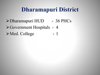 Dharamapuri District
Dharamapuri HUD - 36 PHCs
Government Hospitals - 4
Med. College - 1
 