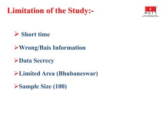 Limitation of the Study:-
 Short time
Wrong/Bais Information
Data Secrecy
Limited Area (Bhubaneswar)
Sample Size (100)
 