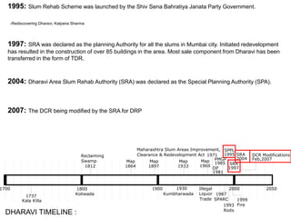1700 1900 2000
1737
Kala Killa
Koliwada
1812
Reclaiming
Swamp
Kumbharwada
PMGP
1971
Maharashtra Slum Areas Improvement,
Clearance & Redevelopment Act
1800 1930
1987
SPARC
2004
SRA
1995
SPPL
1993
Riots
1985
Illegal
Liquor
Trade
1997
SRA
1999
Fire
2050
Feb,2007
DCR Modifications
1864
Map
1897
Map
1933
Map
1969
Map
DP
1981
1995: Slum Rehab Scheme was launched by the Shiv Sena Bahratiya Janata Party Government.
-Rediscovering Dharavi, Kalpana Sharma
DHARAVI TIMELINE :
1997: SRA was declared as the planning Authority for all the slums in Mumbai city. Initiated redevelopment
has resulted in the construction of over 85 buildings in the area. Most sale component from Dharavi has been
transferred in the form of TDR.
2004: Dharavi Area Slum Rehab Authority (SRA) was declared as the Special Planning Authority (SPA).
2007: The DCR being modified by the SRA for DRP
 