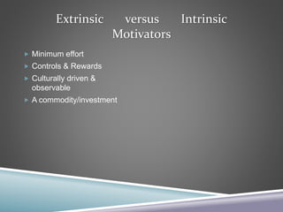 Extrinsic versus Intrinsic
Motivators
 Minimum effort
 Controls & Rewards
 Culturally driven &
observable
 A commodity/investment
 