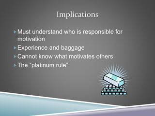 Implications
Must understand who is responsible for
motivation
Experience and baggage
Cannot know what motivates others
The “platinum rule”
 