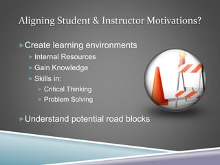 Aligning Student & Instructor Motivations?
Create learning environments
 Internal Resources
 Gain Knowledge
 Skills in:
 Critical Thinking
 Problem Solving
Understand potential road blocks
 