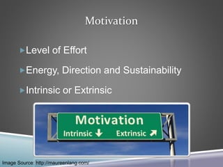 Motivation
Level of Effort
Energy, Direction and Sustainability
Intrinsic or Extrinsic
Image Source: http://maureenlang.com/
 