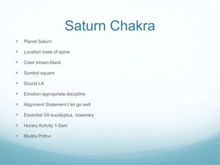 Saturn Chakra
 Planet Saturn
 Location base of spine
 Color brown-black
 Symbol square
 Sound LA
 Emotion appropriate discipline
 Alignment Statement I let go well
 Essential Oil eucalyptus, rosemary
 Horary Activity 1-5am
 Mudra Prithvi
 