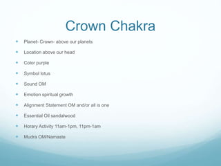 Crown Chakra
 Planet- Crown- above our planets
 Location above our head
 Color purple
 Symbol lotus
 Sound OM
 Emotion spiritual growth
 Alignment Statement OM and/or all is one
 Essential Oil sandalwood
 Horary Activity 11am-1pm, 11pm-1am
 Mudra OM/Namaste
 