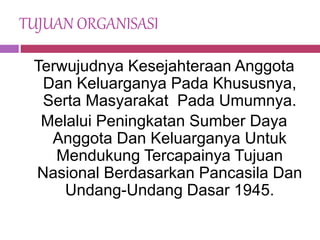 TUJUAN ORGANISASI
Terwujudnya Kesejahteraan Anggota
Dan Keluarganya Pada Khususnya,
Serta Masyarakat Pada Umumnya.
Melalui Peningkatan Sumber Daya
Anggota Dan Keluarganya Untuk
Mendukung Tercapainya Tujuan
Nasional Berdasarkan Pancasila Dan
Undang-Undang Dasar 1945.
 