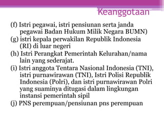 Keanggotaan
(f) Istri pegawai, istri pensiunan serta janda
pegawai Badan Hukum Milik Negara BUMN)
(g) istri kepala perwakilan Republik Indonesia
(RI) di luar negeri
(h) Istri Perangkat Pemerintah Kelurahan/nama
lain yang sederajat.
(i) Istri anggota Tentara Nasional Indonesia (TNI),
istri purnawirawan (TNI), Istri Polisi Republik
Indonesia (Polri), dan istri purnawirawan Polri
yang suaminya ditugasi dalam lingkungan
instansi pemerintah sipil
(j) PNS perempuan/pensiunan pns perempuan
 