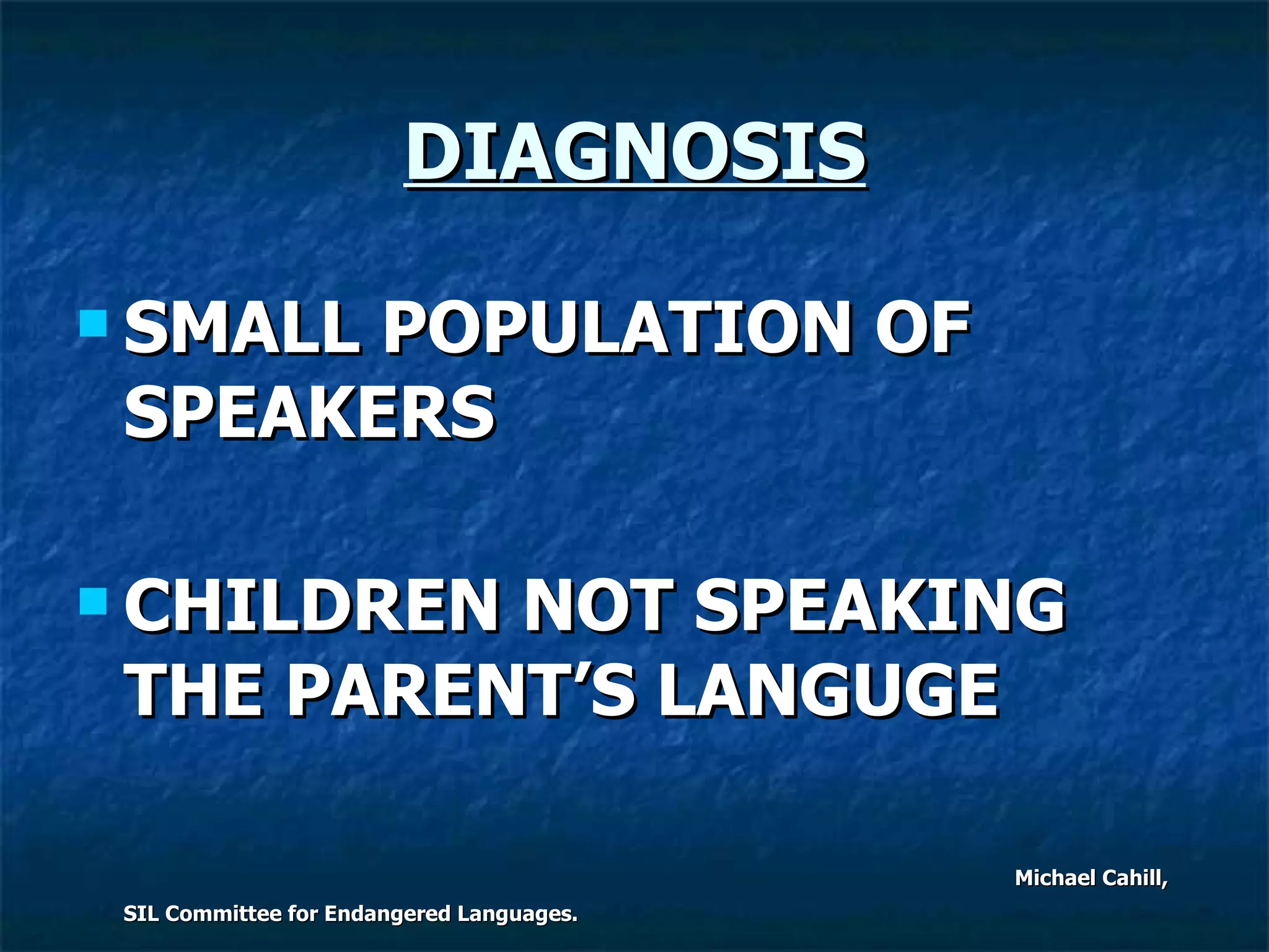 DIAGNOSIS SMALL POPULATION OF SPEAKERS CHILDREN NOT SPEAKING THE PARENT’S LANGUGE  Michael Cahill, SIL Committee for Endangered Languages.  