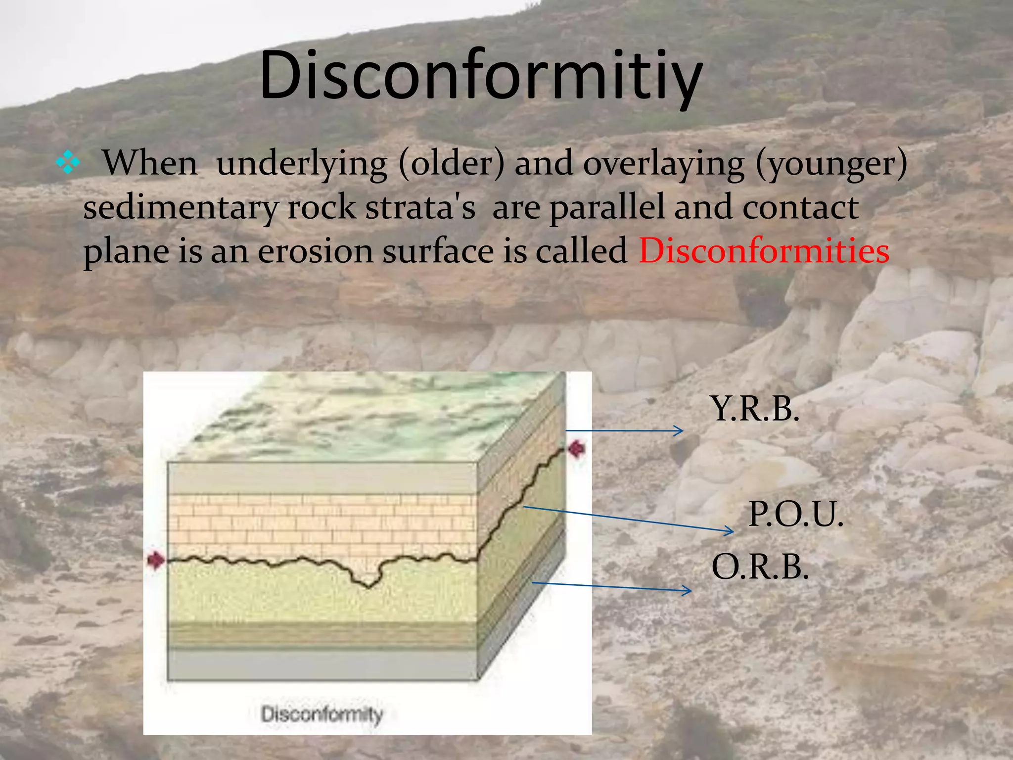 Disconformitiy
 When underlying (older) and overlaying (younger)
sedimentary rock strata's are parallel and contact
plane is an erosion surface is called Disconformities
Y.R.B.
P.O.U.
O.R.B.
 
