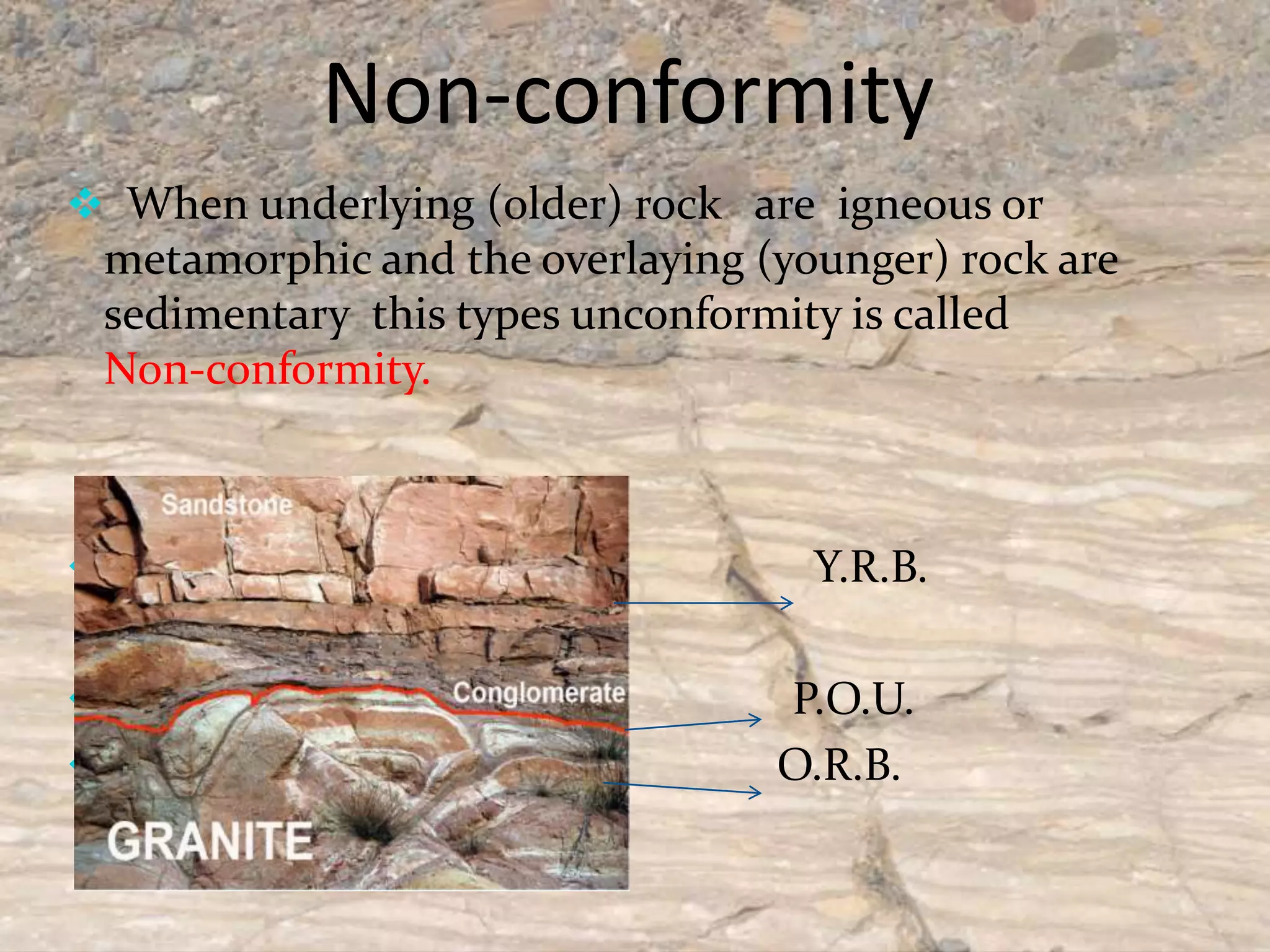 Non-conformity
 When underlying (older) rock are igneous or
metamorphic and the overlaying (younger) rock are
sedimentary this types unconformity is called
Non-conformity.
 Y.R.B.
 P.O.U.
 P.O.U. O.R.B.
 