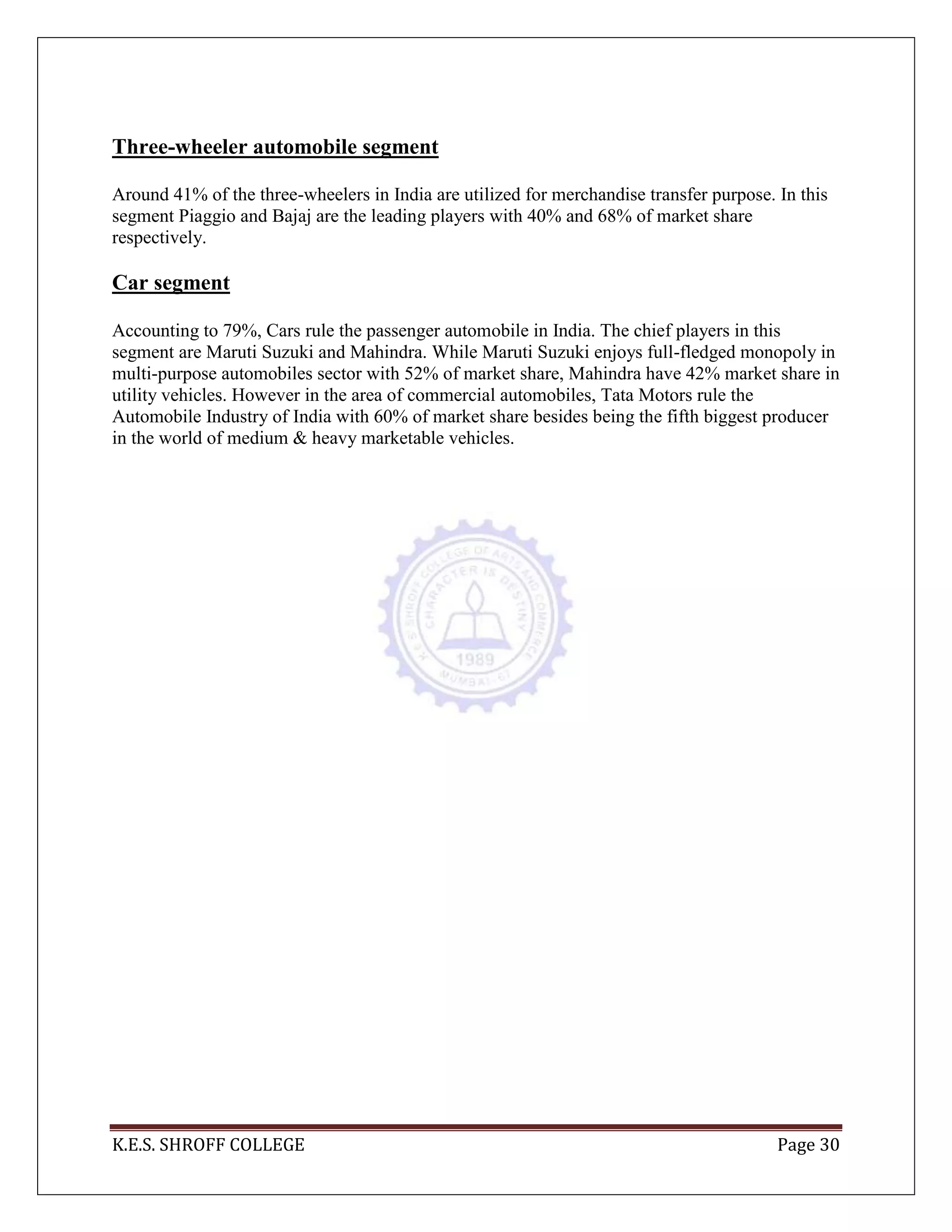 K.E.S. SHROFF COLLEGE Page 30
Three-wheeler automobile segment
Around 41% of the three-wheelers in India are utilized for merchandise transfer purpose. In this
segment Piaggio and Bajaj are the leading players with 40% and 68% of market share
respectively.
Car segment
Accounting to 79%, Cars rule the passenger automobile in India. The chief players in this
segment are Maruti Suzuki and Mahindra. While Maruti Suzuki enjoys full-fledged monopoly in
multi-purpose automobiles sector with 52% of market share, Mahindra have 42% market share in
utility vehicles. However in the area of commercial automobiles, Tata Motors rule the
Automobile Industry of India with 60% of market share besides being the fifth biggest producer
in the world of medium & heavy marketable vehicles.
 