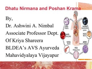 By,
Dr. Ashwini A. Nimbal
Associate Professor Dept.
Of Kriya Shareera
BLDEA’s AVS Ayurveda
Mahavidyalaya Vijayapur
Dhatu Nirmana and Poshan Krama
 