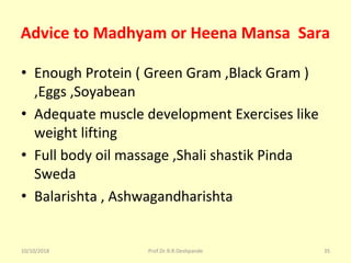 Advice to Madhyam or Heena Mansa Sara
• Enough Protein ( Green Gram ,Black Gram ) 
,Eggs ,Soyabean 
• Adequate muscle development Exercises like 
weight lifting 
• Full body oil massage ,Shali shastik Pinda 
Sweda 
• Balarishta , Ashwagandharishta 
10/10/2018 Prof.Dr.R.R.Deshpande 35
 