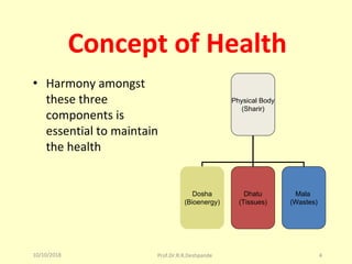10/10/2018 Prof.Dr.R.R.Deshpande 4
Concept of Health
• Harmony amongst 
these three 
components is 
essential to maintain 
the health
Physical Body
(Sharir)
Dosha
(Bioenergy)
Dhatu
(Tissues)
Mala
(Wastes)
 