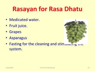 10/10/2018 Prof.Dr.R.R.Deshpande 54
Rasayan for Rasa Dhatu
• Medicated water.
• Fruit juice.
• Grapes
• Asparagus
• Fasting for the cleaning and stimulating the 
system.
 