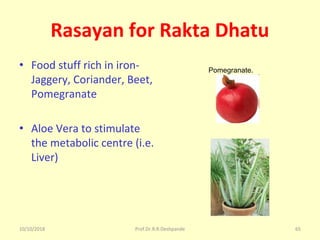 10/10/2018 Prof.Dr.R.R.Deshpande 65
Rasayan for Rakta Dhatu
• Food stuff rich in iron- 
Jaggery, Coriander, Beet, 
Pomegranate
• Aloe Vera to stimulate 
the metabolic centre (i.e. 
Liver)
Pomegranate.
 