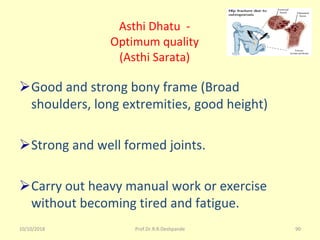 10/10/2018 Prof.Dr.R.R.Deshpande 90
Asthi Dhatu  - 
Optimum quality
(Asthi Sarata)
ØGood and strong bony frame (Broad 
shoulders, long extremities, good height)
ØStrong and well formed joints.
ØCarry out heavy manual work or exercise 
without becoming tired and fatigue.
 