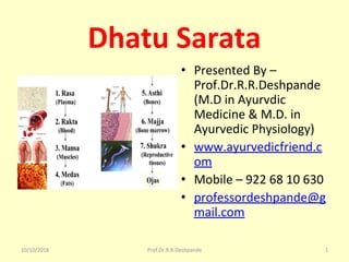 Dhatu Sarata
• Presented By – 
Prof.Dr.R.R.Deshpande 
(M.D in Ayurvdic 
Medicine & M.D. in 
Ayurvedic Physiology)
• www.ayurvedicfriend.c
om
• Mobile – 922 68 10 630
• professordeshpande@g
mail.com
10/10/2018 1Prof.Dr.R.R.Deshpande
 