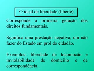 O ideal de liberdade (liberté)
Corresponde à primeira geração dos
direitos fundamentais.

Significa uma prestação negativa, um não
fazer do Estado em prol do cidadão.

Exemplos: liberdade de locomoção e
inviolabilidade de domicílio e de
correspondência.
 