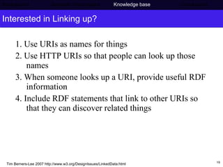 Interested in Linking up? 1.   Use URIs as names for things 2. Use HTTP URIs so that people can look up those names 3. When someone looks up a URI, provide useful RDF information 4. Include RDF statements that link to other URIs so that they can discover related things Tim Berners-Lee 2007 http://www.w3.org/DesignIssues/LinkedData.html Background     Semantic Web project   Knowledge base   Conclusions 