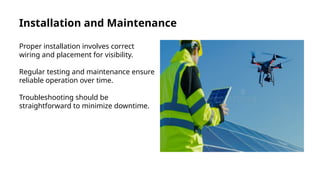 Installation and Maintenance
Proper installation involves correct
wiring and placement for visibility.
Regular testing and maintenance ensure
reliable operation over time.
Troubleshooting should be
straightforward to minimize downtime.
 