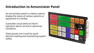 Introduction to Annunciator Panel
An annunciator panel is a device used to
display the status of various systems or
equipment in a facility.
It provides visual alerts to inform
operators about normal or abnormal
conditions.
These panels are crucial for quick
decision-making and maintaining system
safety.
 