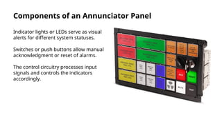Components of an Annunciator Panel
Indicator lights or LEDs serve as visual
alerts for different system statuses.
Switches or push buttons allow manual
acknowledgment or reset of alarms.
The control circuitry processes input
signals and controls the indicators
accordingly.
 