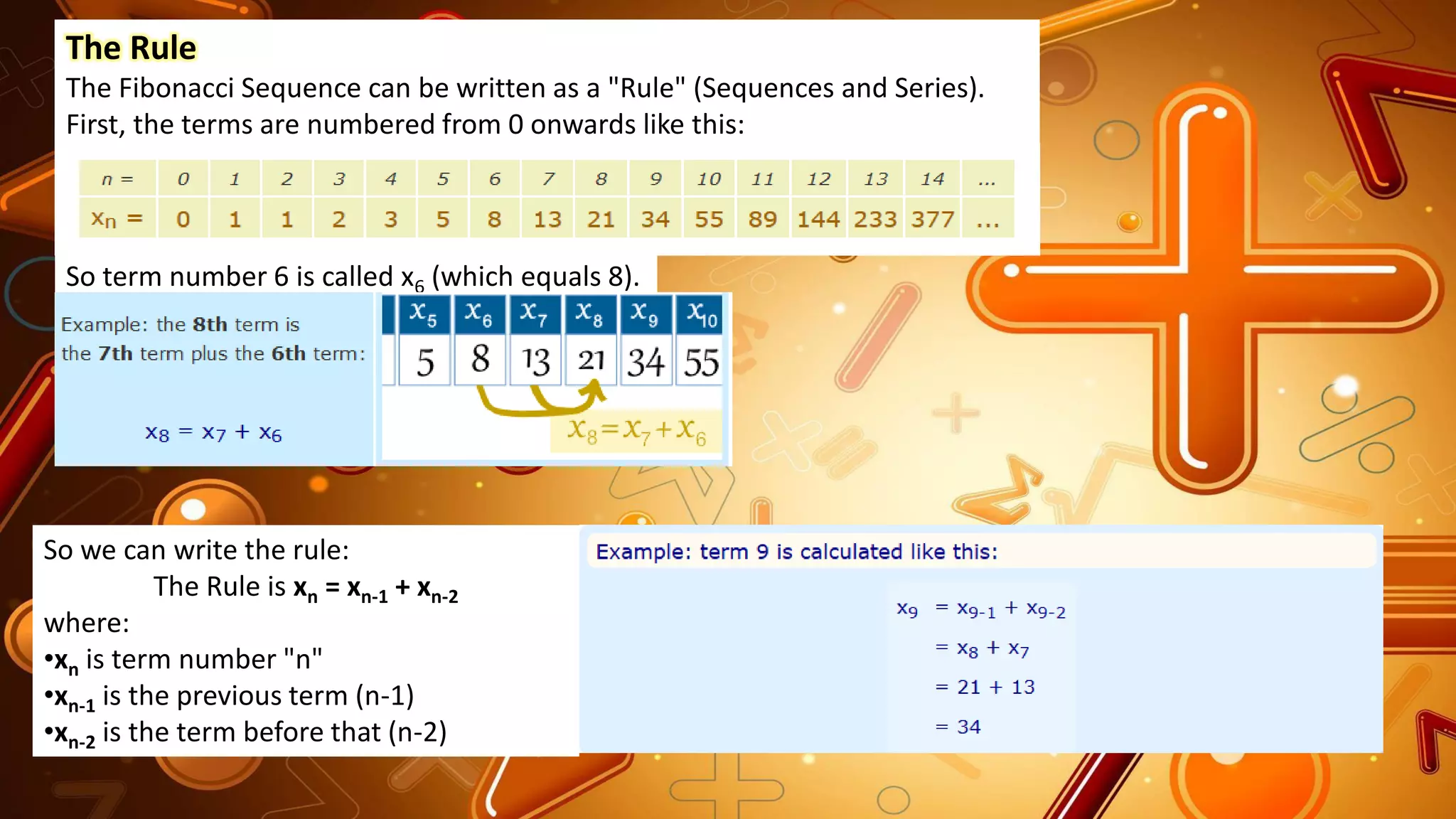 The Rule
The Fibonacci Sequence can be written as a "Rule" (Sequences and Series).
First, the terms are numbered from 0 onwards like this:
So term number 6 is called x6 (which equals 8).
So we can write the rule:
The Rule is xn = xn-1 + xn-2
where:
•xn is term number "n"
•xn-1 is the previous term (n-1)
•xn-2 is the term before that (n-2)
 