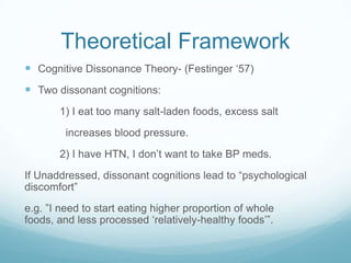 Theoretical Framework
 Cognitive Dissonance Theory- (Festinger „57)
 Two dissonant cognitions:
1) I eat too many salt-laden foods, excess salt
increases blood pressure.
2) I have HTN, I don‟t want to take BP meds.
If Unaddressed, dissonant cognitions lead to “psychological
discomfort”
e.g. ”I need to start eating higher proportion of whole
foods, and less processed „relatively-healthy foods‟”.

 