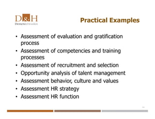 Practical Examples
• Assessment of evaluation and gratification
process
• Assessment of competencies and training
processes
• Assessment of recruitment and selection
• Opportunity analysis of talent management
• Assessment behavior, culture and values
• Assessment HR strategy
• Assessment HR function
14
 