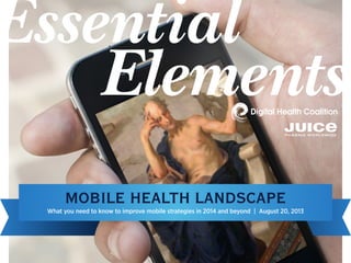 What you need to know to improve mobile strategies in 2014 and beyond | August 20, 2013
MOBILE HEALTH LANDSCAPE
Essential
Elements
 