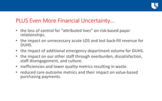 PLUS Even More Financial Uncertainty…
• the loss of control for “attributed lives” on risk-based payor
relationships.
• th...